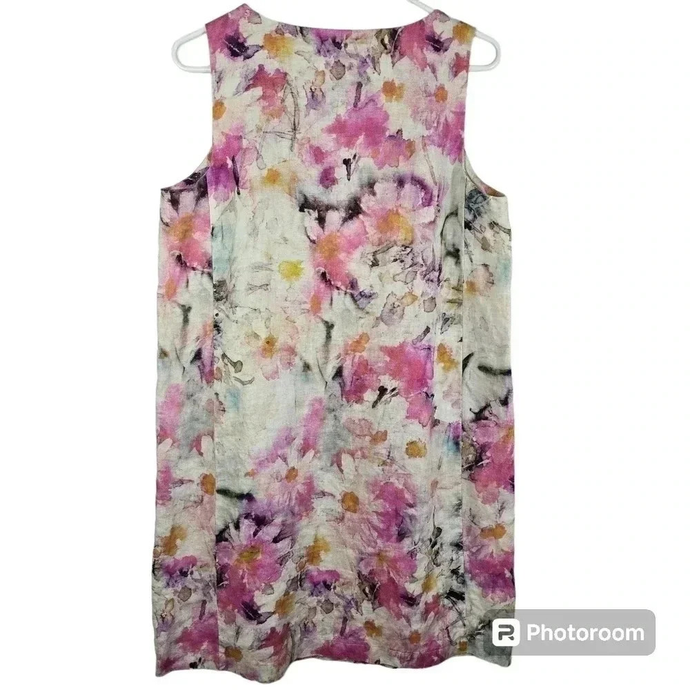 Pure Jill 100% linen sleeveless watercolor floral midi dress - Picture 2 of 9